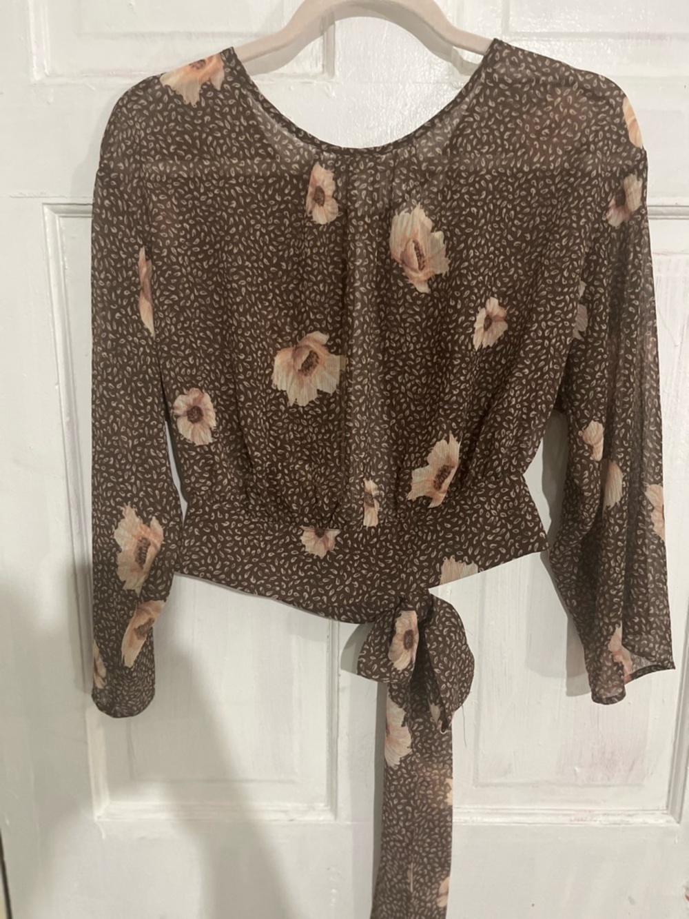 H&M Brown Floral Tie-Front Blouse with Pink Blossoms